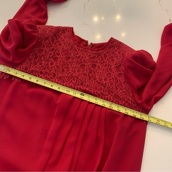 Vintage Red Dress with Lace Front, Sheer Long Sleeves (has hole) size Large . - Picture 13 of 16